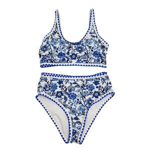 Blue White Womens Floral High Waisted Bikini Set Swimsuit Scalloped Trim Size M